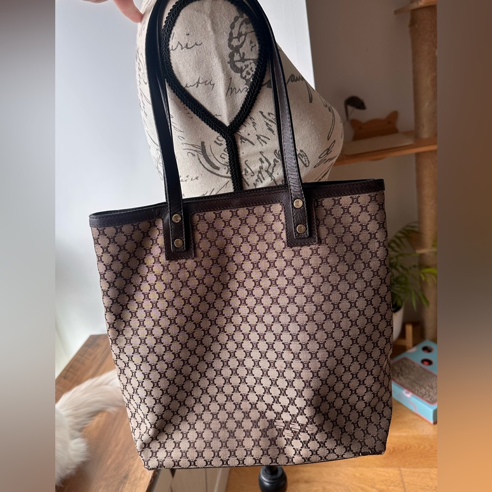 Celine Brown Monogram vintage Canvas Tote with brown Leather Handles